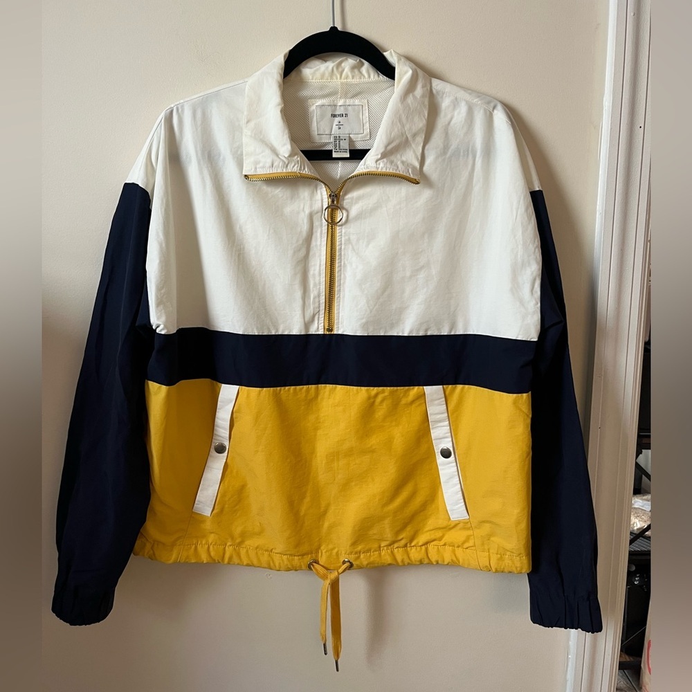 Forever 21 Colorblock Rain Hoodie Jacket M White Yellow Navy Gold Zip